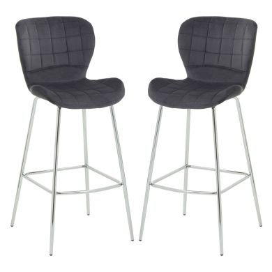 Warton Grey Velvet Bar Chairs With Silver Metal Legs In Pair