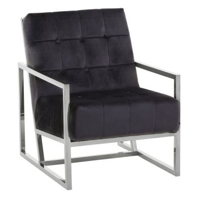 Hana Velvet Fabric Armchair In Black With Silver Stainless Steel Frame