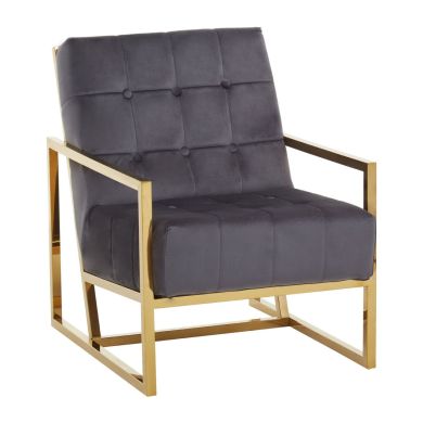 Hana Velvet Fabric Armchair In Grey With Gold Stainless Steel Frame