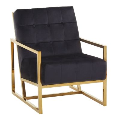 Hana Velvet Fabric Armchair In Black With Gold Stainless Steel Frame