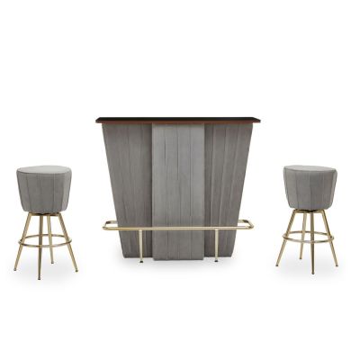 Sinatra Wooden Bar Table With 2 Grey Velvet Stools