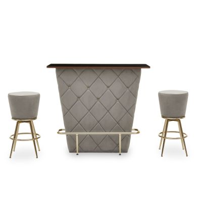 Presley Wooden Bar Table With 2 Grey Velvet Stools