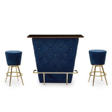 Presley Wooden Bar Table With 2 Midnight Blue Velvet Stools