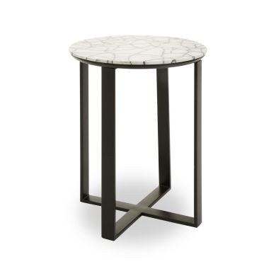 Marmara Round Marble Side Table In White With Black Metal Base