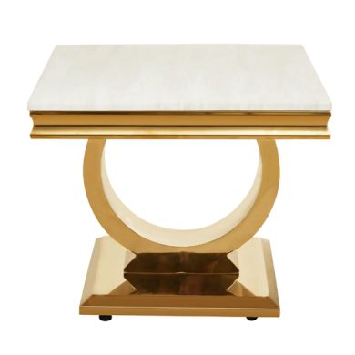 Moda Marble Side Table In Ivory White With Brushed Gold Stainless Steel Base