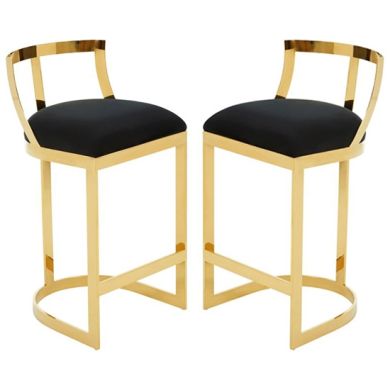 Amberley Black Velvet Bar Chairs With Gold Metal Base In Pair