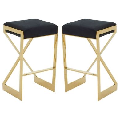 Amberley Black Velvet Bar Stools With Gold Metal Base In Pair