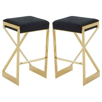 Amberley Black Velvet Bar Stools With Gold Metal Base In Pair