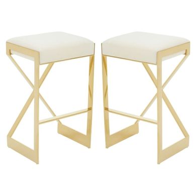 Amberley Ivory Velvet Bar Stools With Gold Metal Base In Pair