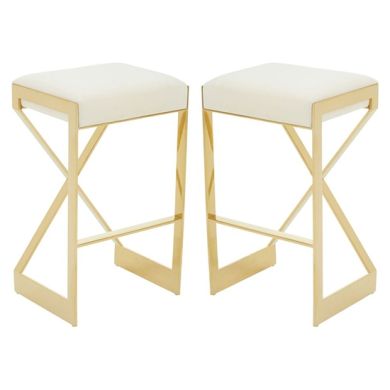 Amberley Ivory Velvet Bar Stools With Gold Metal Base In Pair