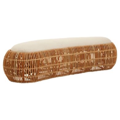 Manado Long Natural Rattan Seating Bench With White Cushion