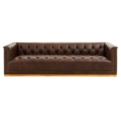 King Chesterfield Leather 3 Seater Sofa In Brown With Oakwood Base