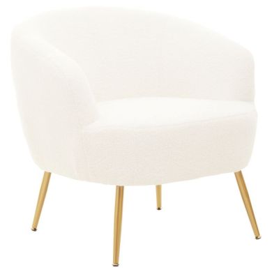 Yazmin Curved Fabric Armchair In Plush White With Gold Metal Legs