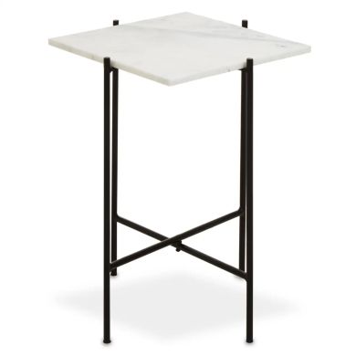Mandoli Square Marble Side Table In White With Black Metal Frame