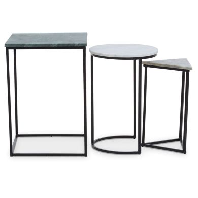 Mandoli Marble Top Nest Of 3 Tables In Assorted With Black Metal Frame