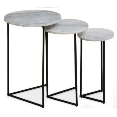 Mandoli Marble Nest Of 3 Tables In White With Black Metal Frame