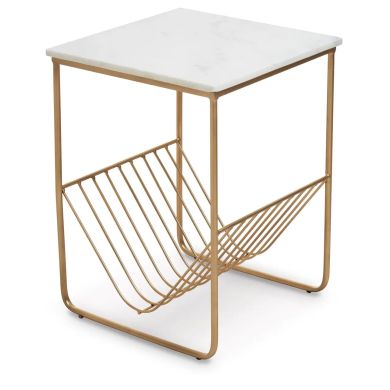 Mandoli Marble Rack Side Table In White With Gold Metal Frame