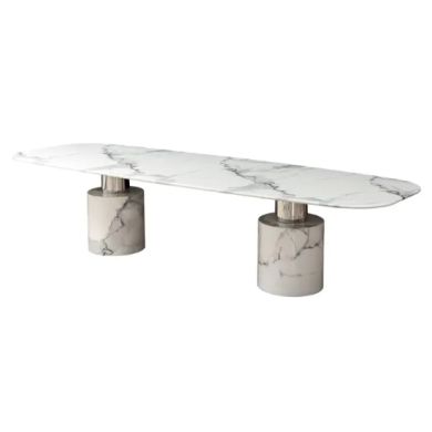 Sesto Marble Dining Table In White With Polished Stainless Steel Legs