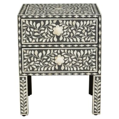 Fusion Wooden Side Table With 2 Drawers And Bone Inlay