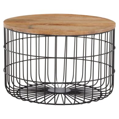 Pali Round Wooden Top Side Table With Black Iron Cage Base