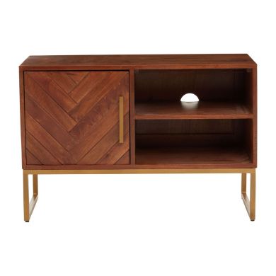 Gaya Small Mango Wood TV Stand In Herringbone Patterned With 1 Door