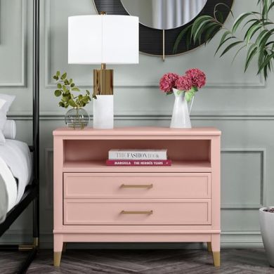 Westerleigh Wide Wooden Bedside Cabinet With 2 Drawers In Pale Pink