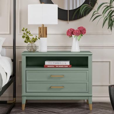 Westerleigh Wide Wooden Bedside Cabinet With 2 Drawers In Pale Green