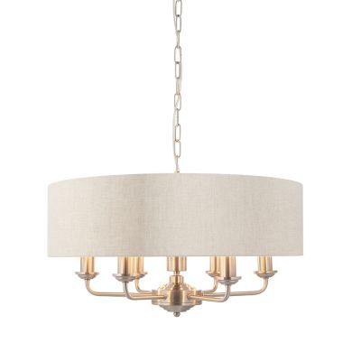 Highclere 6 Lights Natural Linen Shade Ceiling Pendant Light In Brushed Chrome