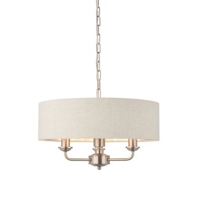 Highclere 3 Lights Natural Linen Shade Ceiling Pendant Light In Brushed Chrome
