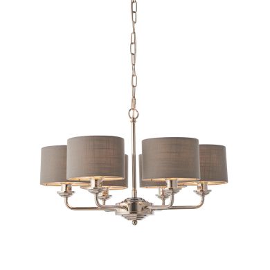 Highclere 6 Lights Charcoal Fabric Shade Ceiling Pendant Light In Brushed Nickel