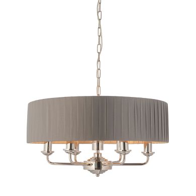 Highclere 6 Lights Wrapped Charcoal Linen Shade Ceiling Pendant Light In Bright Nickel