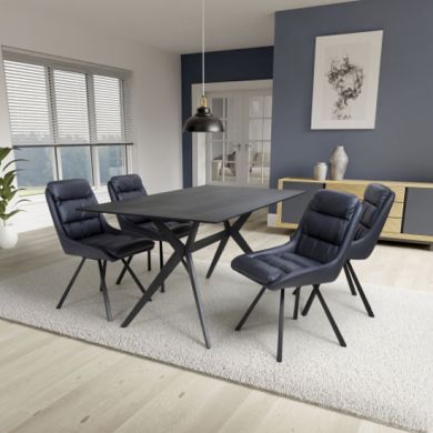 Timor Large Black Sintered Stone Top Dining Table With 4 Arnhem Midnight Blue Chairs
