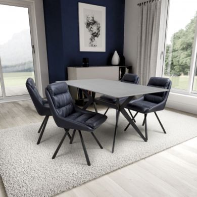 Timor Large Grey Sintered Stone Top Dining Table With 4 Arnhem Midnight Blue Chairs