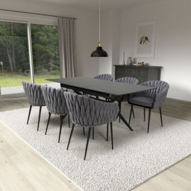 Tarsus Extending Black Ceramic Top Dining Table With 6 Pandora Grey Chairs