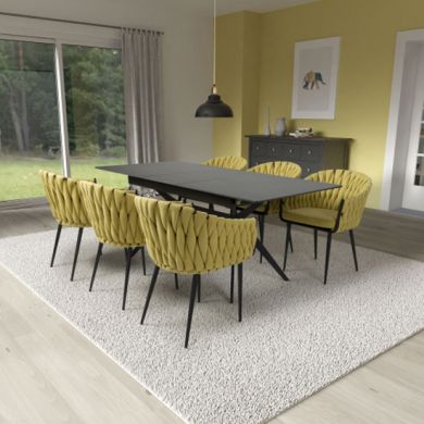 Tarsus Extending Black Ceramic Top Dining Table With 6 Pandora Yellow Chairs