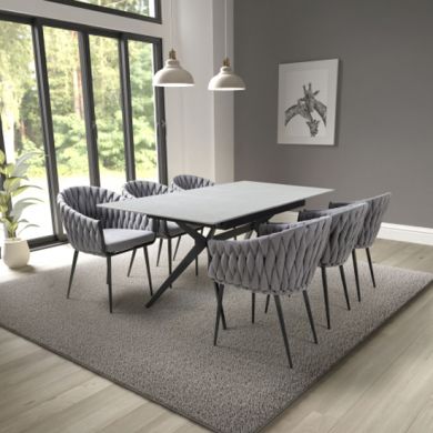 Tarsus Extending Grey Ceramic Top Dining Table With 6 Pandora Grey Chairs