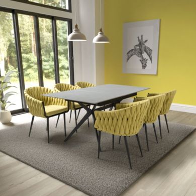 Tarsus Extending Grey Ceramic Top Dining Table With 6 Pandora Yellow Chairs