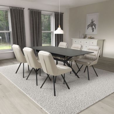 Tarsus Extending Black Ceramic Top Dining Table With 6 Arnhem Cream Chairs