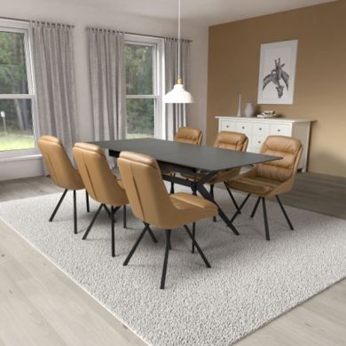 Tarsus Extending Black Ceramic Top Dining Table With 6 Arnhem Tan Chairs