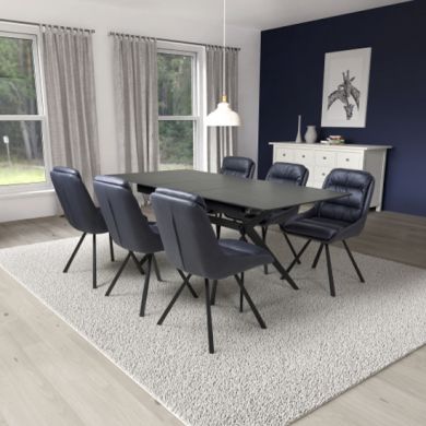 Tarsus Extending Black Ceramic Top Dining Table With 6 Arnhem Midnight Blue Chairs