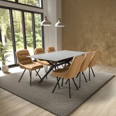 Tarsus Extending Grey Ceramic Top Dining Table With 6 Arnhem Tan Chairs