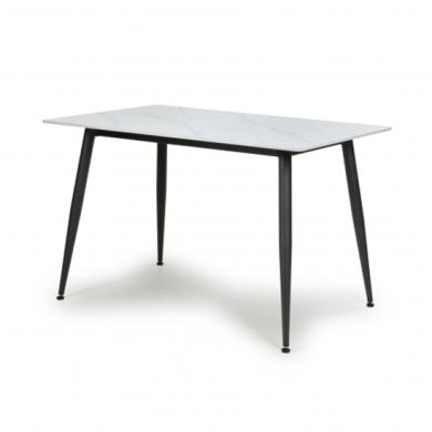Monaco Small Ceramic Dining Table In White Marble Effect With Black Metal Legs