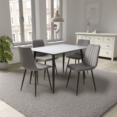 Monaco Small White Ceramic Dining Table With 4 Lisbon Grey Chairs