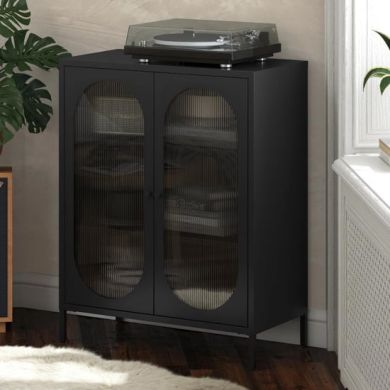 Luna Metal Storage Cabinet With 2 Fluted Glass Doors In Black