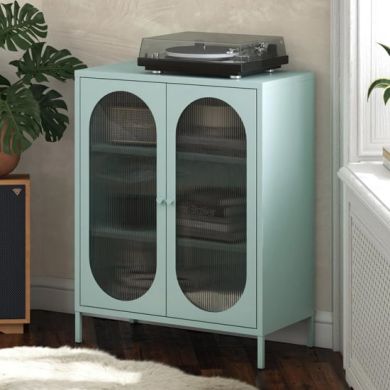 Luna Metal Storage Cabinet With 2 Fluted Glass Doors In Sky Blue