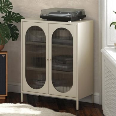 Luna Metal Storage Cabinet With 2 Fluted Glass Doors In Parchment