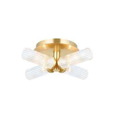 Talo 4 Lights Clear Ribbed Cylindrical Glass Semi Flush Ceiling Light In Satin Brass