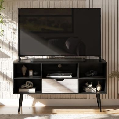 Copley Wooden TV Stand With 2 Shelves 1 Drawer In Black Oak