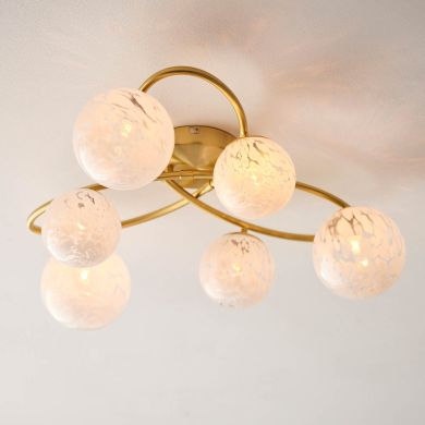 Maye White Confetti Glass Shades 6 Light Semi Flush Ceiling Light In Satin Brass
