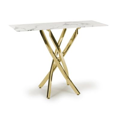 Astoria Glass Top Console Table In White With Gold Legs
